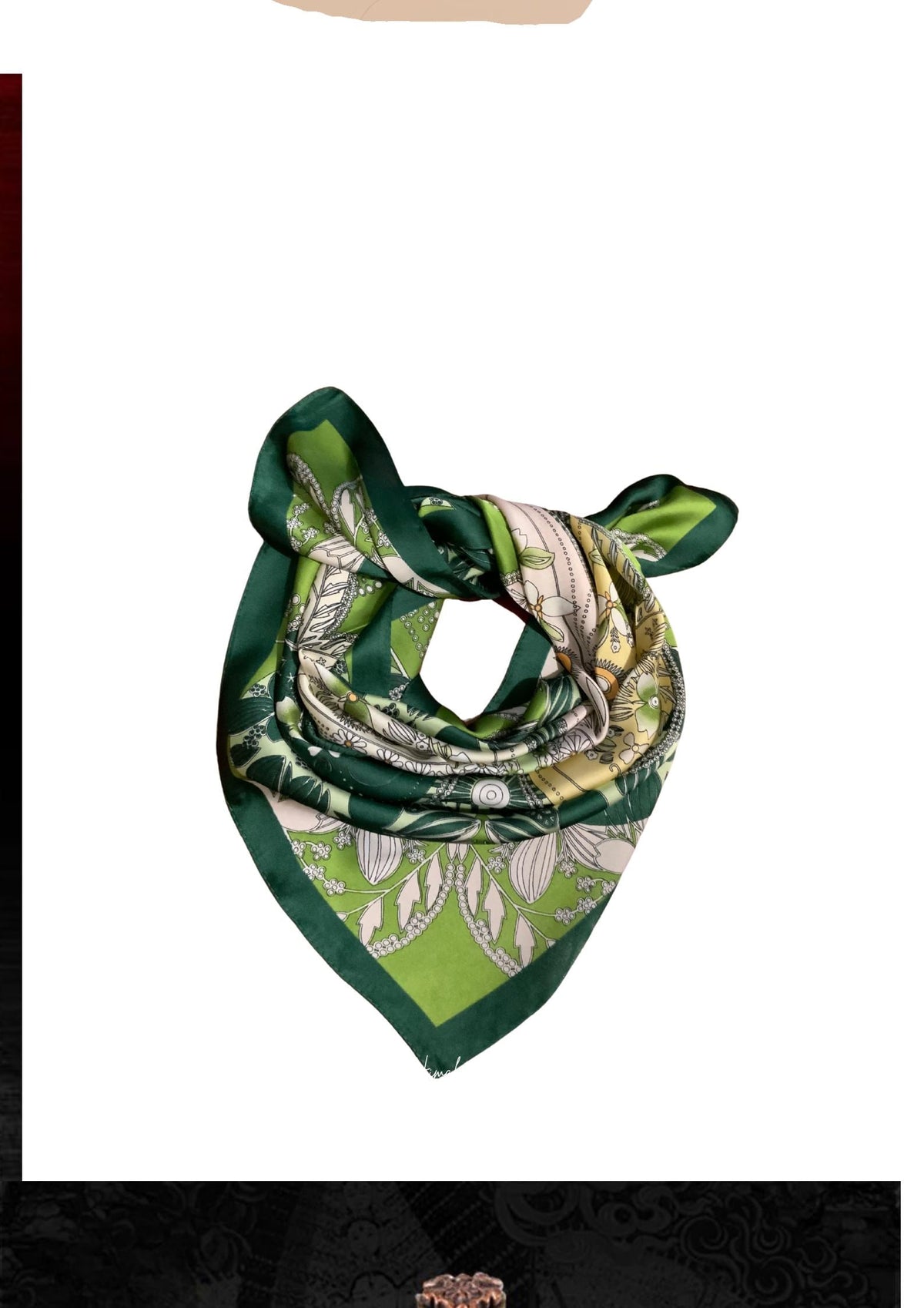 100% Silk Scarf 26”x26” 65×65 cm Green Botanical Heart Print Mini Square Scarf | Elegant Neck Hair Scarf