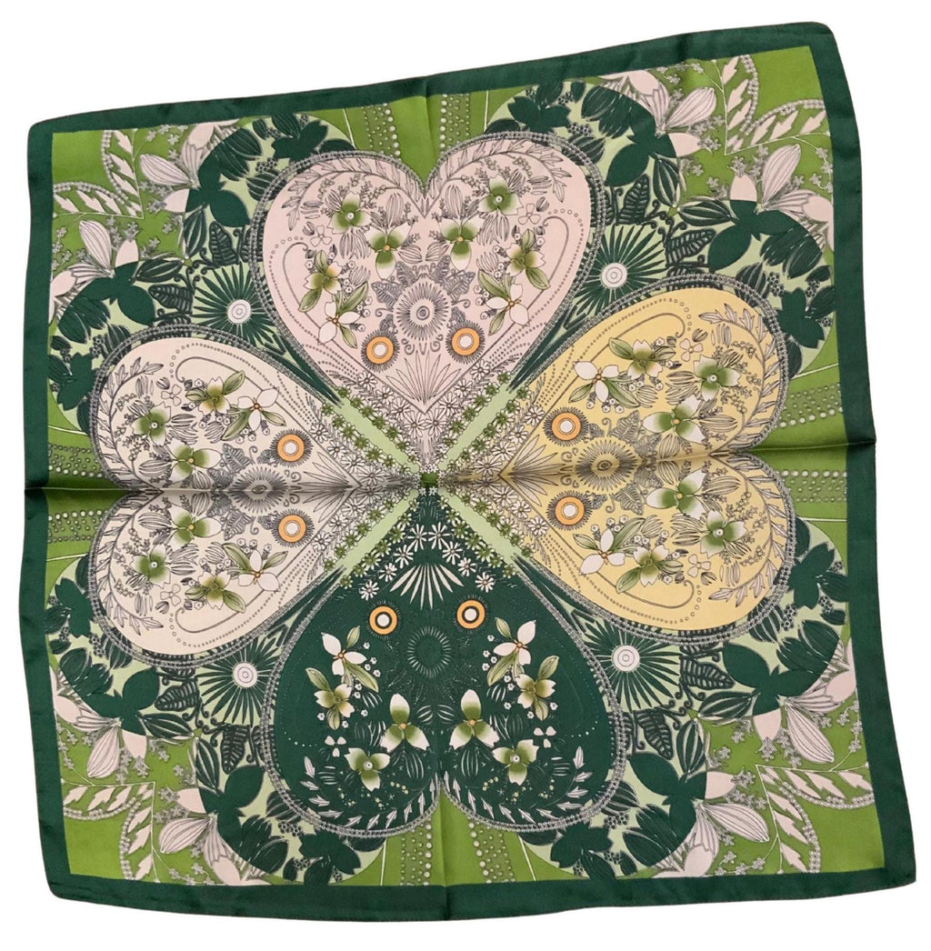100% Silk Scarf 21”x21” 55×55 cm Green Botanical Heart Print Mini Square Scarf | Elegant Neck Hair Scarf
