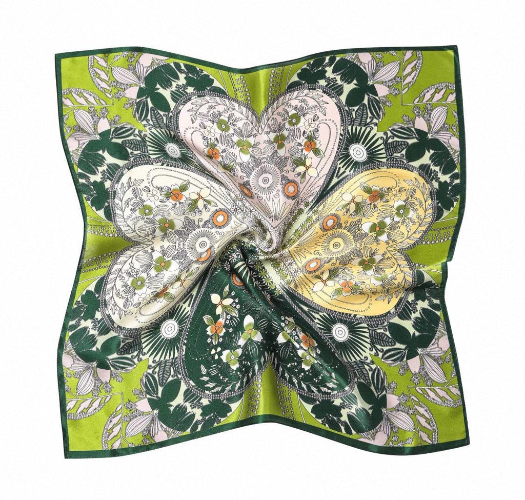 100% Silk Scarf 21”x21” 55×55 cm Green Botanical Heart Print Mini Square Scarf | Elegant Neck Hair Scarf