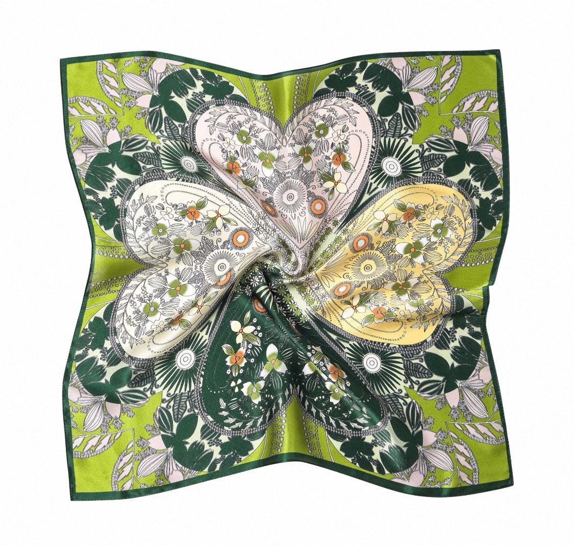 100% Silk Scarf 21”x21” 55×55 cm Green Botanical Heart Print Mini Square Scarf | Elegant Neck Hair Scarf