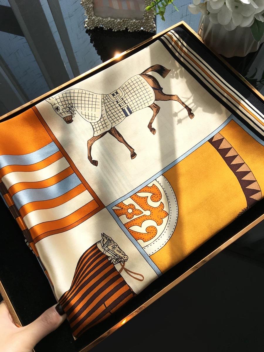 100% Mulberry Silk Scarf 35”×35” 90×90 cm Equestrian Horse Print Silk Scarf | Vintage Patchwork Square Scarf