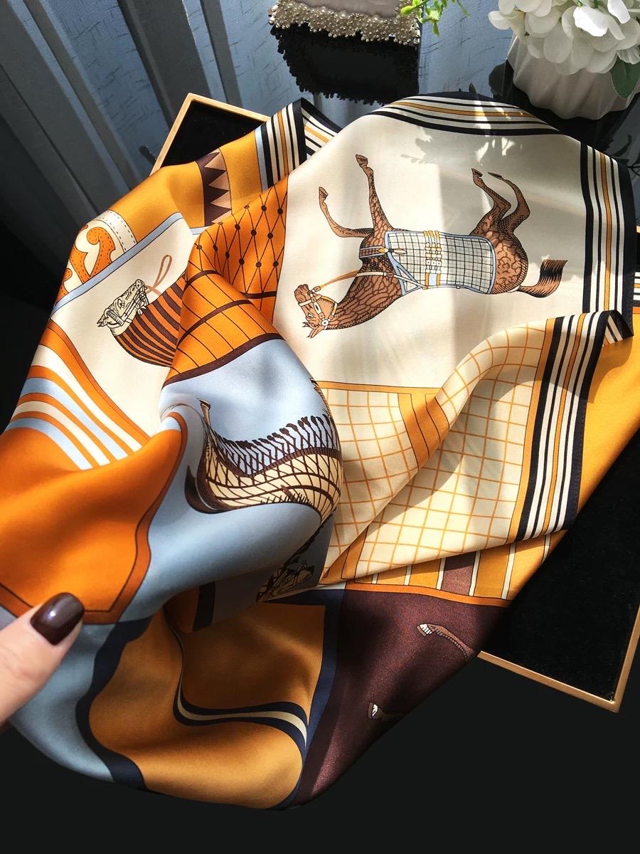100% Mulberry Silk Scarf 35”×35” 90×90 cm Equestrian Horse Print Silk Scarf | Vintage Patchwork Square Scarf