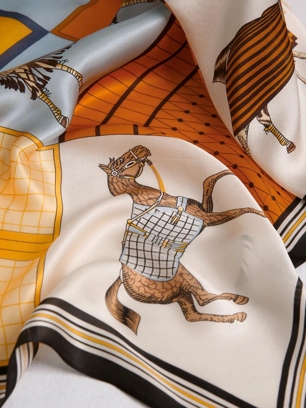 100% Mulberry Silk Scarf 35”×35” 90×90 cm Equestrian Horse Print Silk Scarf | Vintage Patchwork Square Scarf