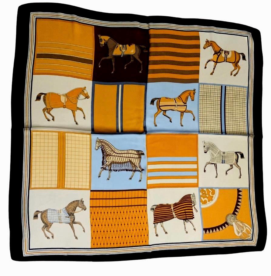 100% Mulberry Silk Scarf 35”×35” 90×90 cm Equestrian Horse Print Silk Scarf | Vintage Patchwork Square Scarf