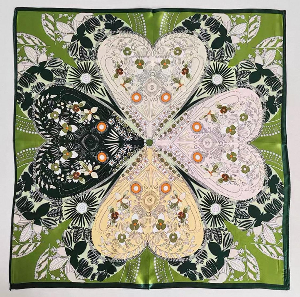 100% Silk Scarf 21”x21” 55×55 cm Green Botanical Heart Print Mini Square Scarf | Elegant Neck Hair Scarf