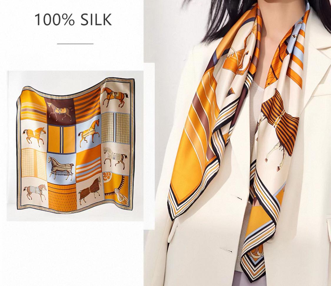 100% Mulberry Silk Scarf 35”×35” 90×90 cm Equestrian Horse Print Silk Scarf | Vintage Patchwork Square Scarf