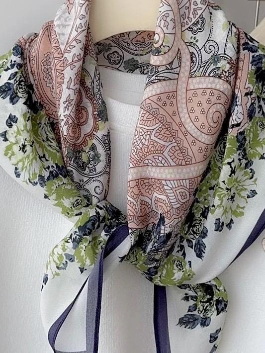 100% Mulberry Silk Scarf 26”x26” 65×65 cm | Elegant Paisley Floral Print | Luxury Silk Headscarf | Vintage Style Square Scarf | Gift for Her