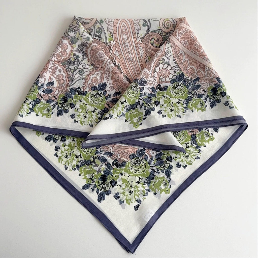 100% Mulberry Silk Scarf 26”x26” 65×65 cm | Elegant Paisley Floral Print | Luxury Silk Headscarf | Vintage Style Square Scarf | Gift for Her