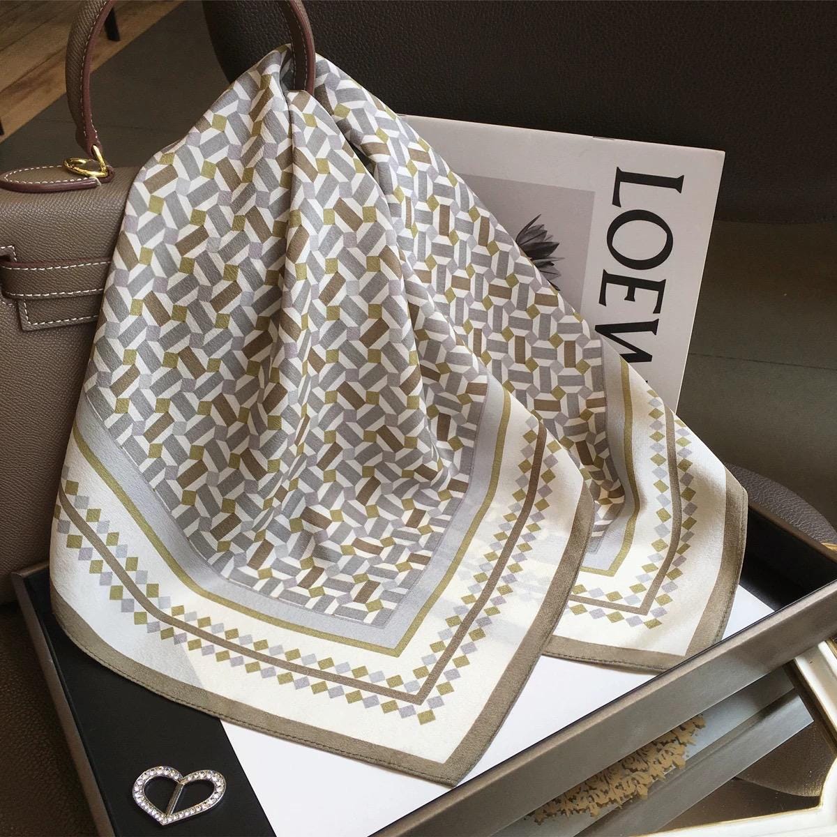 100% Mulberry Silk 26x26" 65x65cm | Healing Fog Grid Square Scarf | Crepe de Chine Neck Scarf |Nordic Style Headscarf Hair Wrap Gift for Her