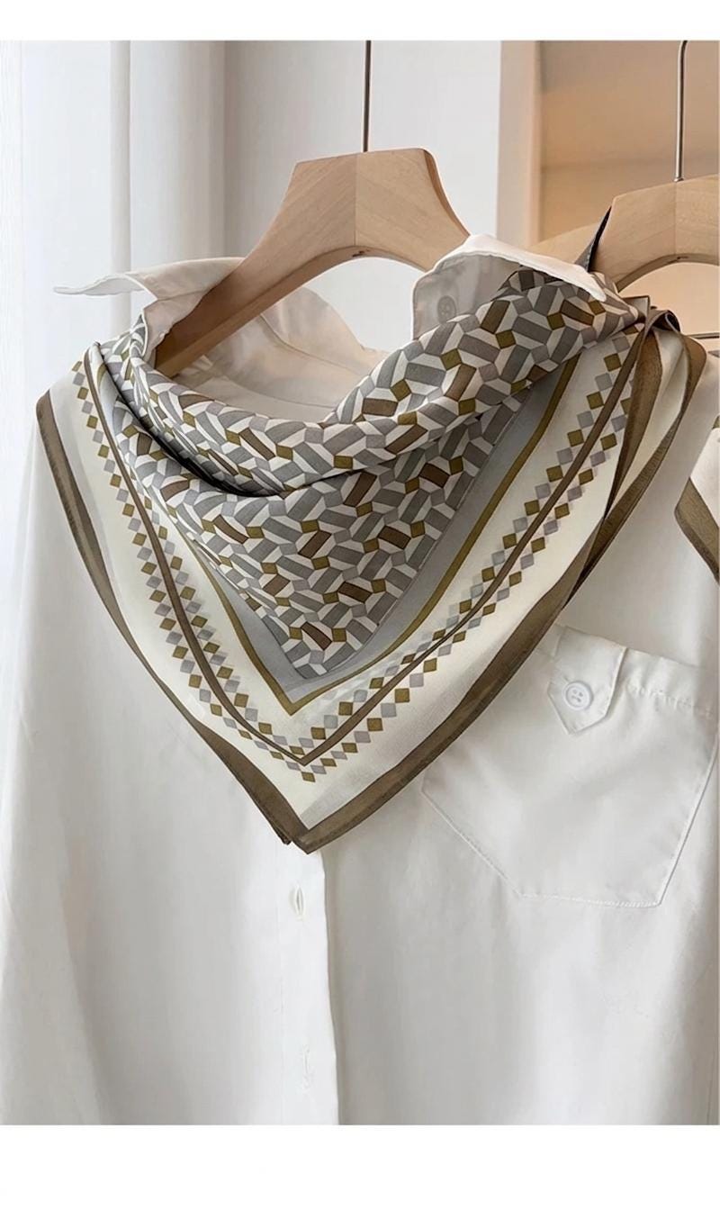 100% Mulberry Silk 26x26" 65x65cm | Healing Fog Grid Square Scarf | Crepe de Chine Neck Scarf |Nordic Style Headscarf Hair Wrap Gift for Her