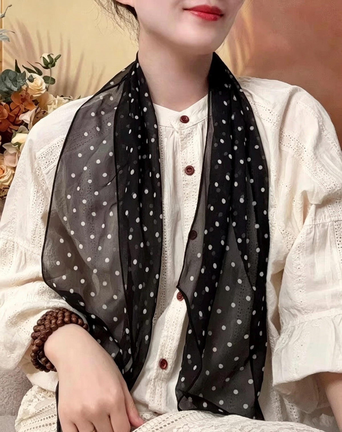 14x63" 35x160cm | Intellectual Polka Dot Scarf | Mulberry Silk Georgette Long Wrap | Luxury Multi-functional Shawl Hair Wrap Gift for Her