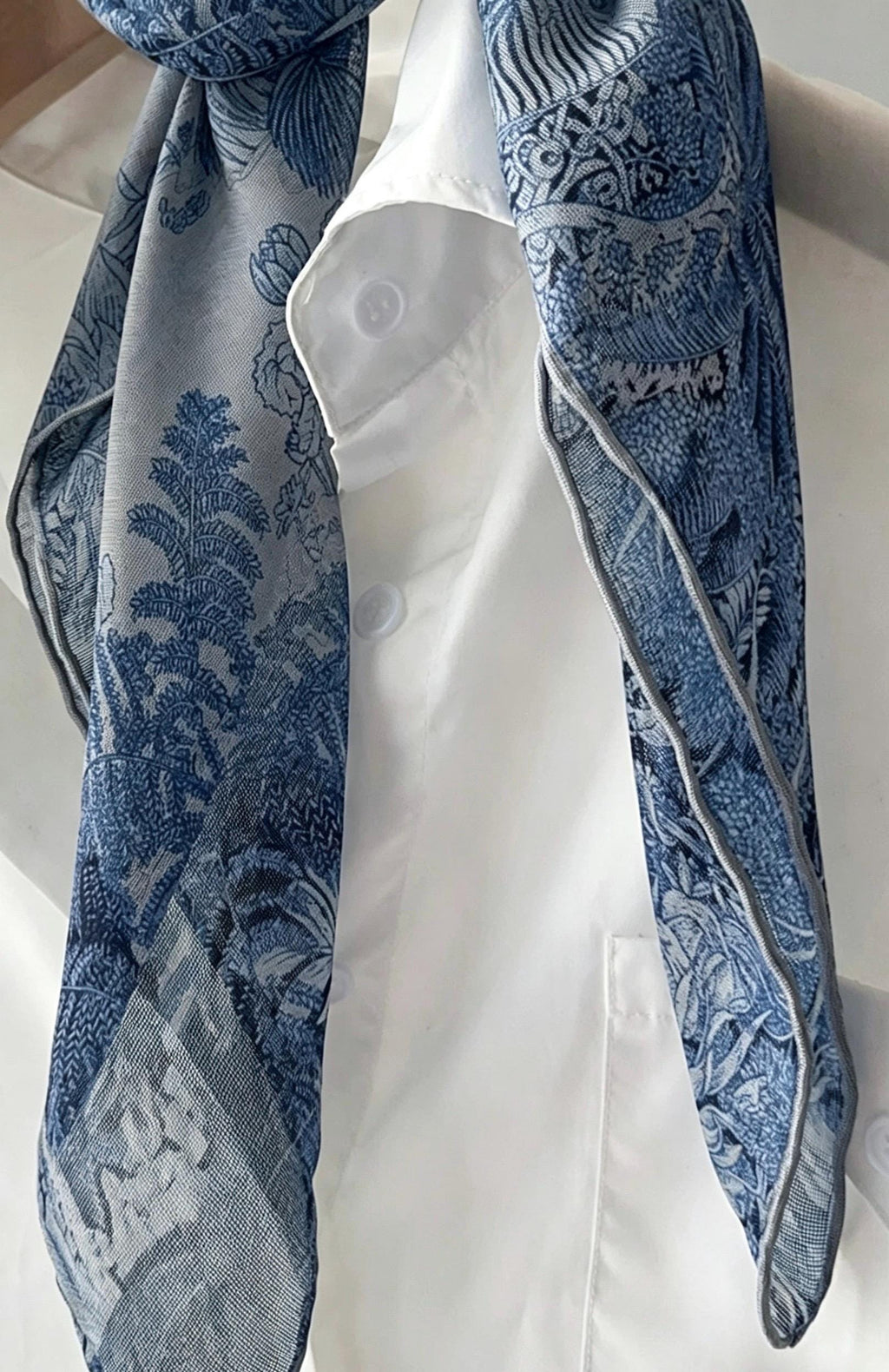 26x26" 65x65cm | Gray Blue Rainforest Scarf | Mulberry Silk Georgette Square Scarf | Tropical Botanical Headscarf Hair Wrap Gift for Her