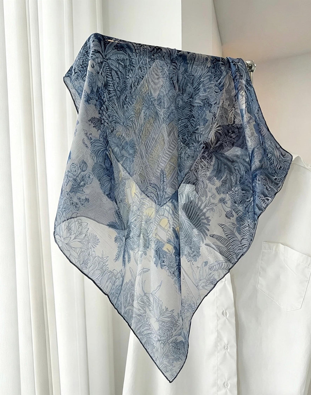 26x26" 65x65cm | Gray Blue Rainforest Scarf | Mulberry Silk Georgette Square Scarf | Tropical Botanical Headscarf Hair Wrap Gift for Her
