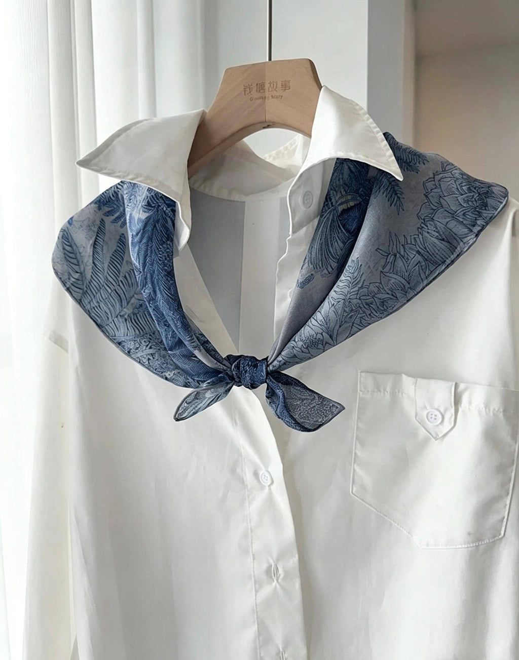 26x26" 65x65cm | Gray Blue Rainforest Scarf | Mulberry Silk Georgette Square Scarf | Tropical Botanical Headscarf Hair Wrap Gift for Her
