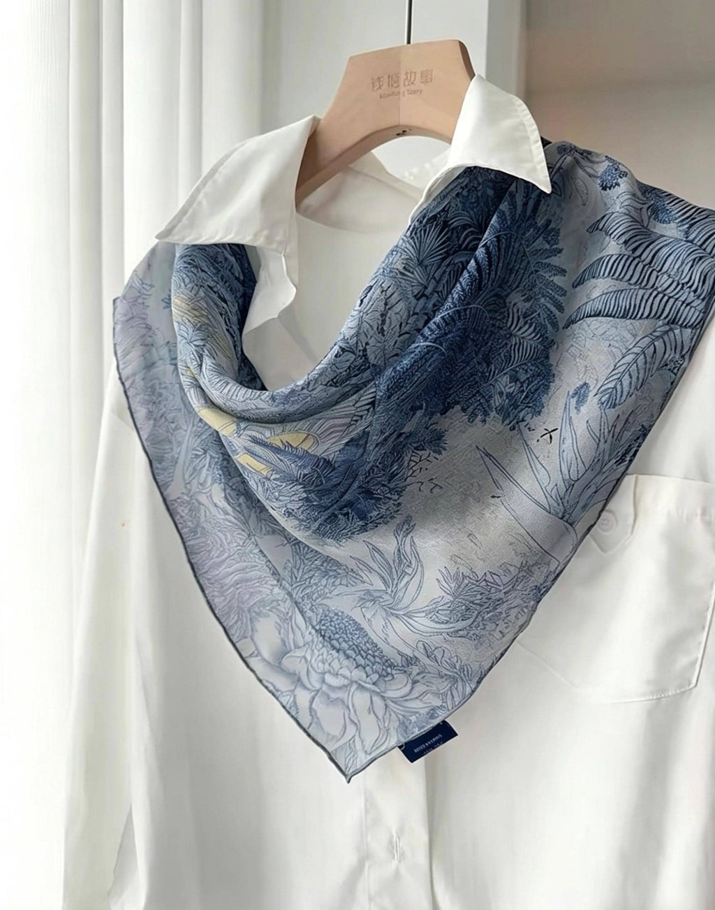 26x26" 65x65cm | Gray Blue Rainforest Scarf | Mulberry Silk Georgette Square Scarf | Tropical Botanical Headscarf Hair Wrap Gift for Her