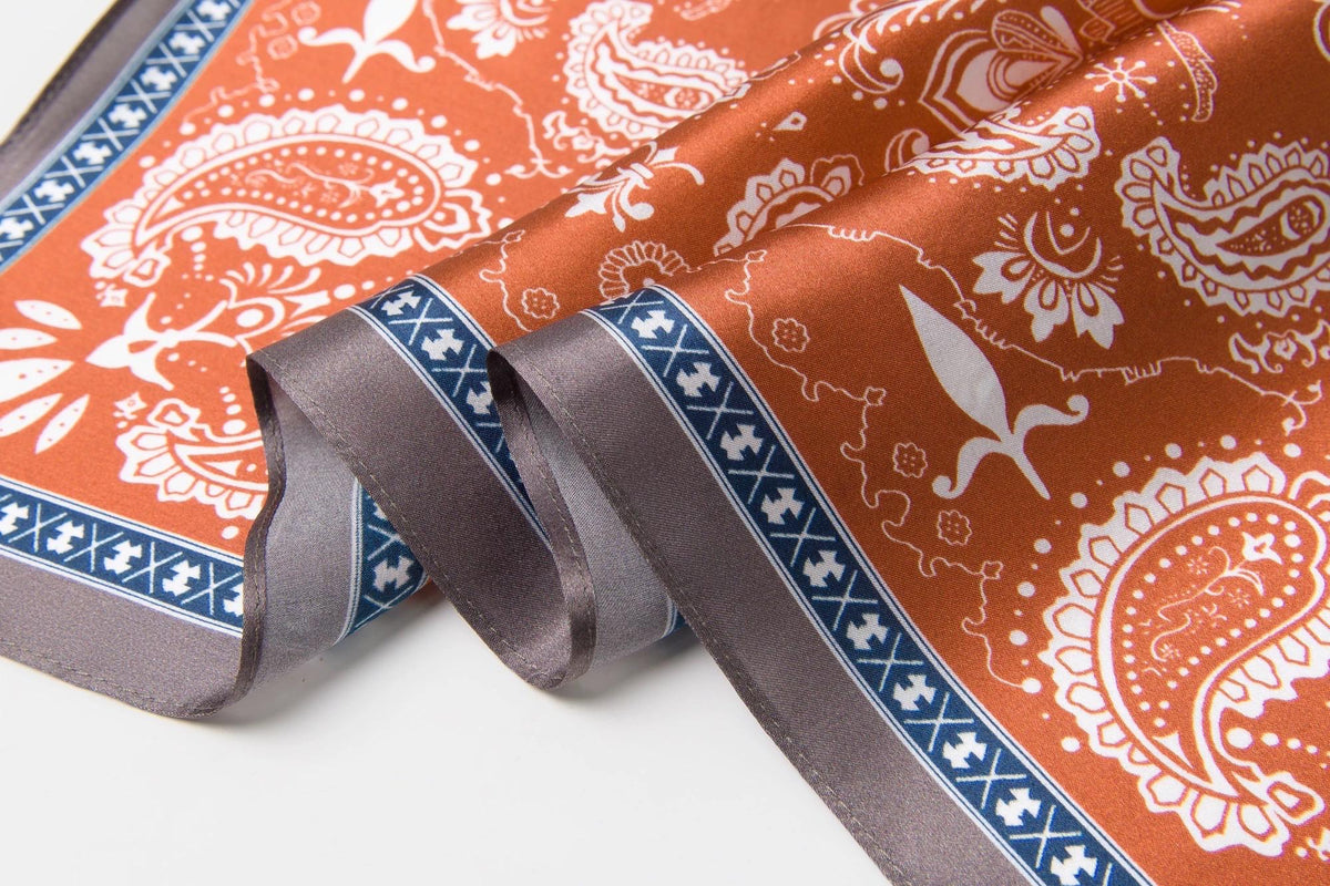 100% Mulberry Silk Scarf 21”x21” 55×55 cm Paisley Bandana with Scarf Ring | Vintage Amekaji British Neck Scarf