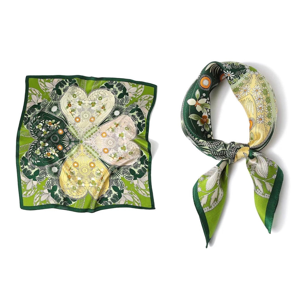 100% Silk Scarf 21”x21” 55×55 cm Green Botanical Heart Print Mini Square Scarf | Elegant Neck Hair Scarf