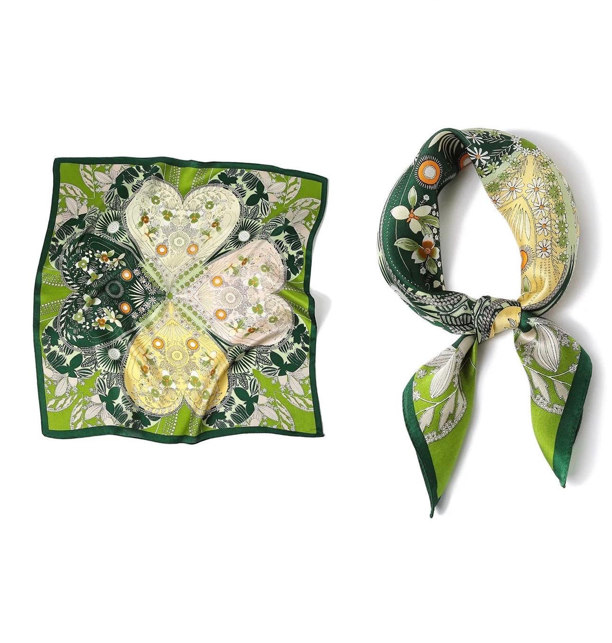 100% Silk Scarf 21”x21” 55×55 cm Green Botanical Heart Print Mini Square Scarf | Elegant Neck Hair Scarf