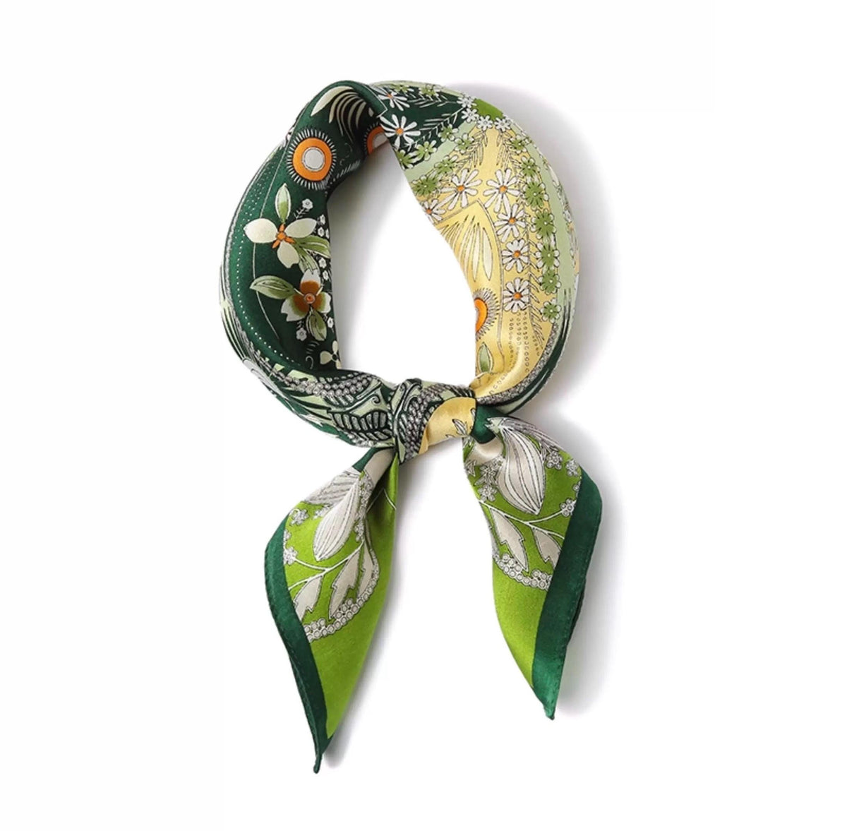 100% Silk Scarf 26”x26” 65×65 cm Green Botanical Heart Print Mini Square Scarf | Elegant Neck Hair Scarf
