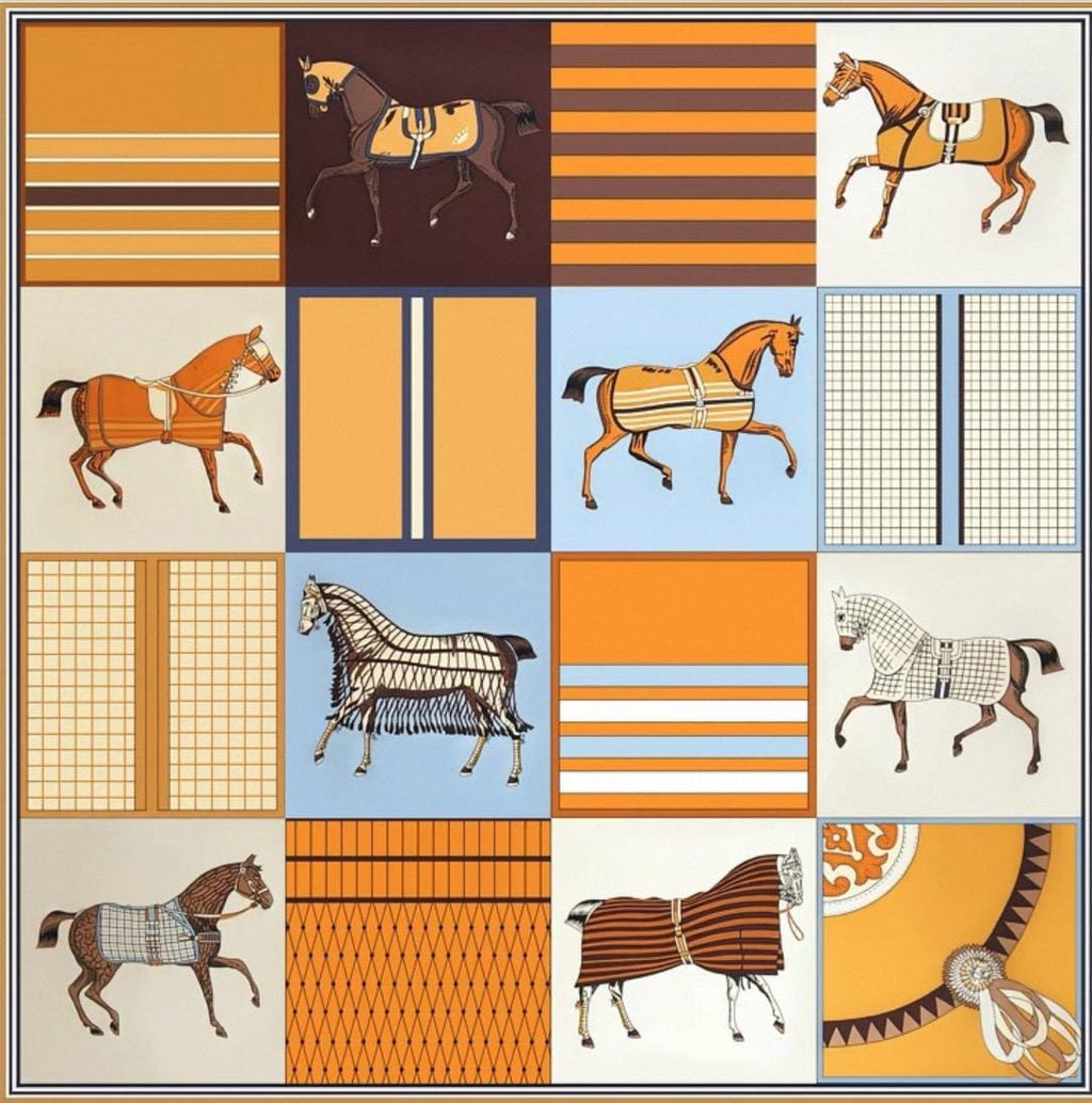 100% Mulberry Silk Scarf 35”×35” 90×90 cm Equestrian Horse Print Silk Scarf | Vintage Patchwork Square Scarf