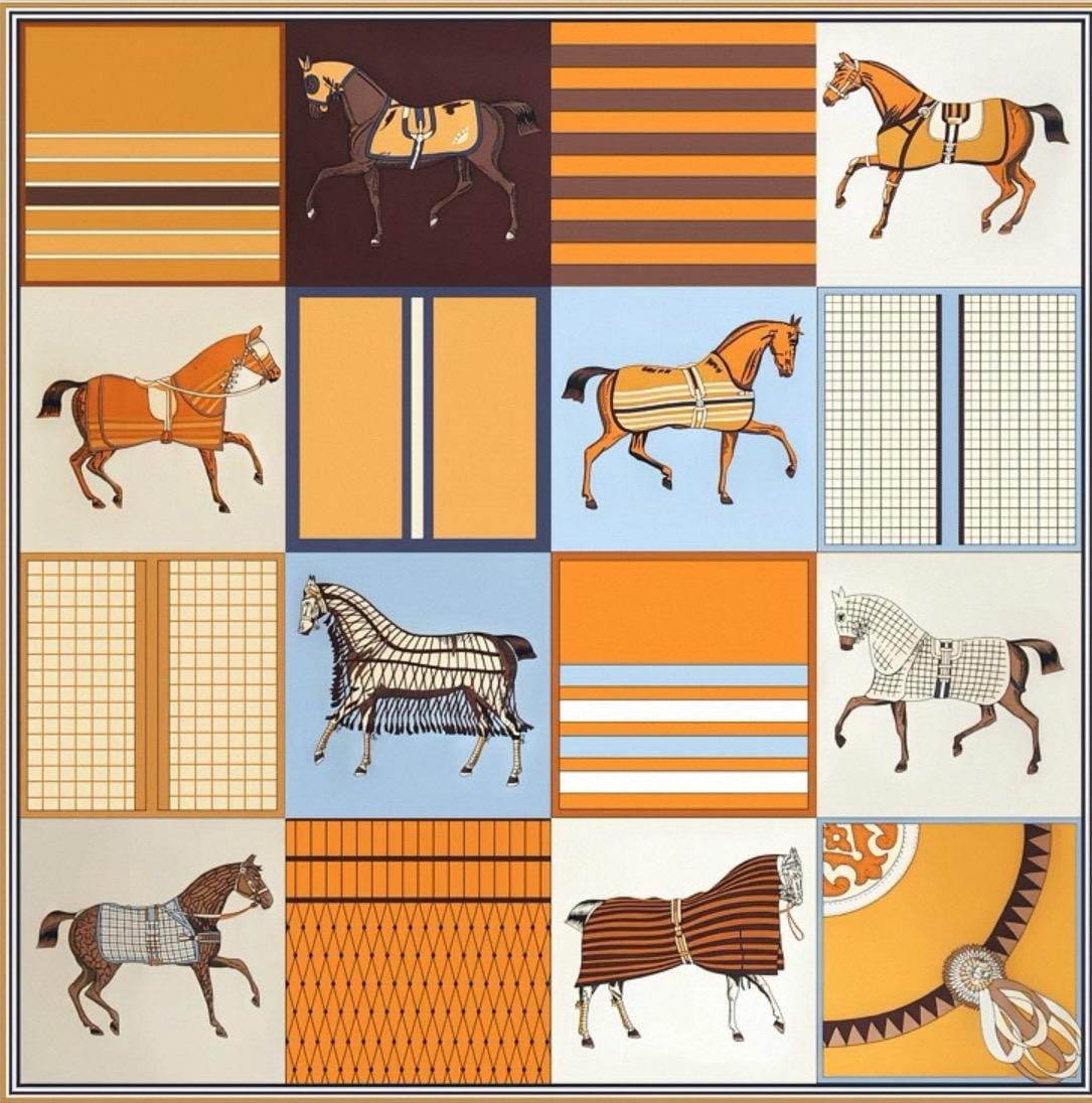 100% Mulberry Silk Scarf 35”×35” 90×90 cm Equestrian Horse Print Silk Scarf | Vintage Patchwork Square Scarf