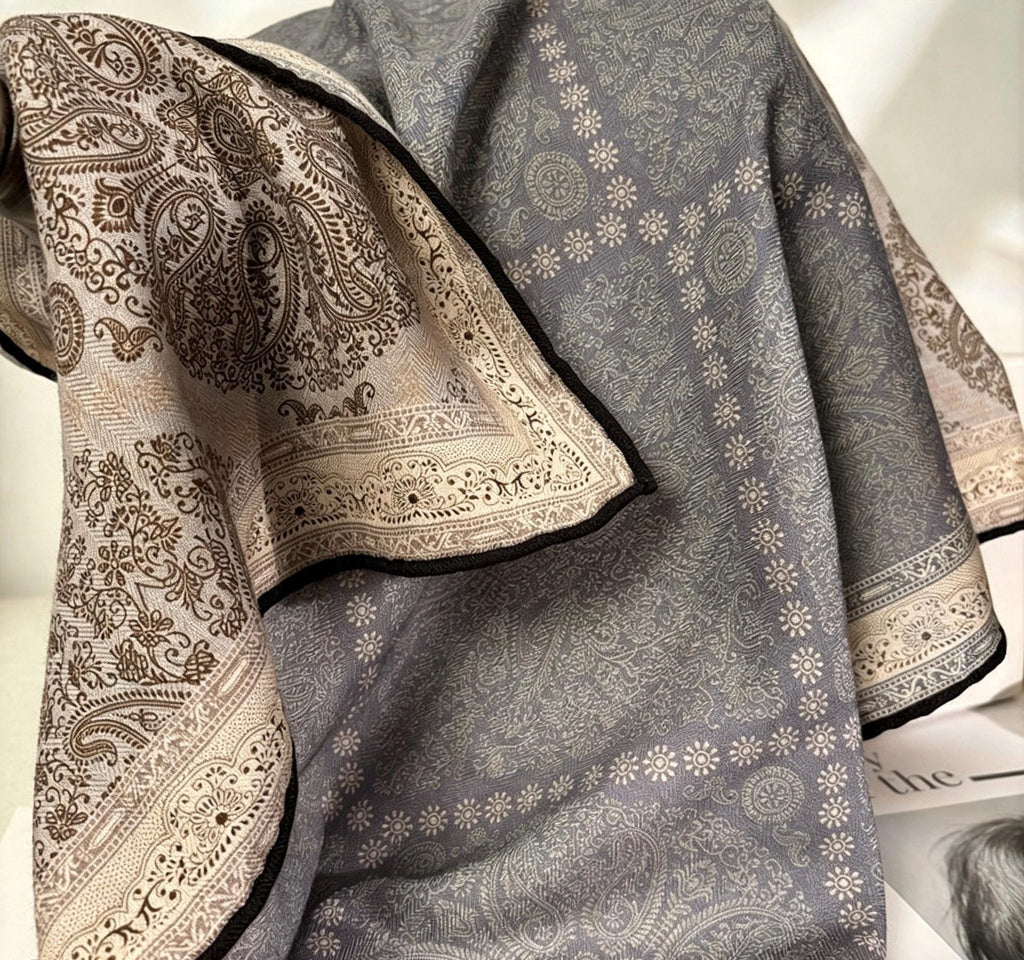 Paisley Old Money Silk Wool Scarf, Luxury Double-Sided Square Head Wrap, Elegant 27" Small Shawl, Chic Neck Tie, Premium Gift for Her