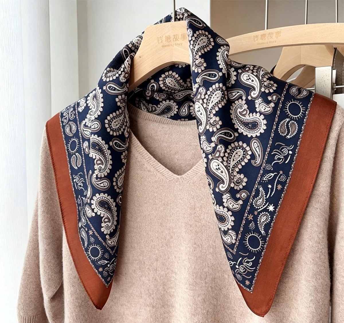100% Mulberry Silk Square Head Wrap, 21" 53cm European Neckerchief, Vintage Navy Blue Paisley Silk Scarf, Luxury Hair Bandana
