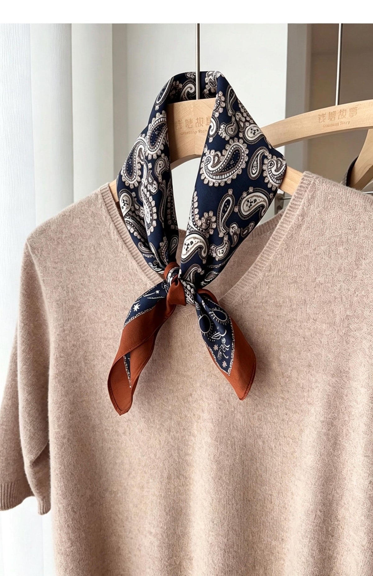 100% Mulberry Silk Square Head Wrap, 21" 53cm European Neckerchief, Vintage Navy Blue Paisley Silk Scarf, Luxury Hair Bandana