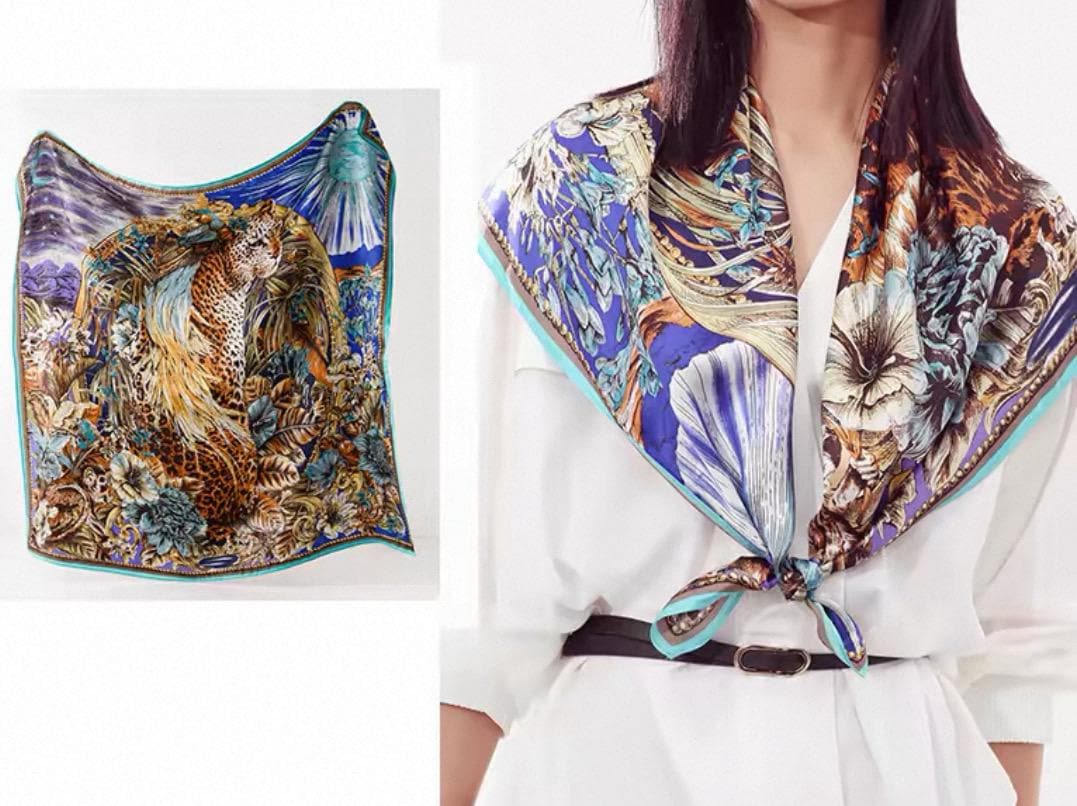 100% Mulberry Silk Scarf 35”×35” 90×90 cm Equestrian Horse Print Silk Scarf | Vintage Patchwork Square Scarf