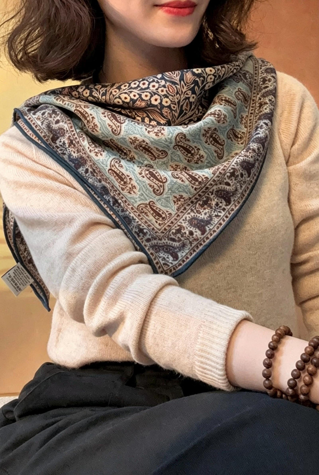 Silk Wool Square Scarf 27", Elegant Floral Neck Head Scarf for Women, Lightweight Luxury Shawl, Spring Autumn Accessory, Gift for Her