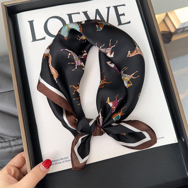 Pony Print Silk Scarf 21", 53cm 100% Mulberry Silk Neckerchief, Cute Horse Pattern Small Square Scarf for Women, Hair Head Handbag Scarf