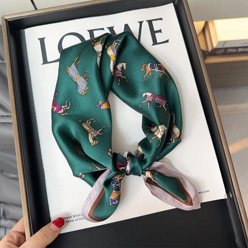 Pony Print Silk Scarf 21", 53cm 100% Mulberry Silk Neckerchief, Cute Horse Pattern Small Square Scarf for Women, Hair Head Handbag Scarf