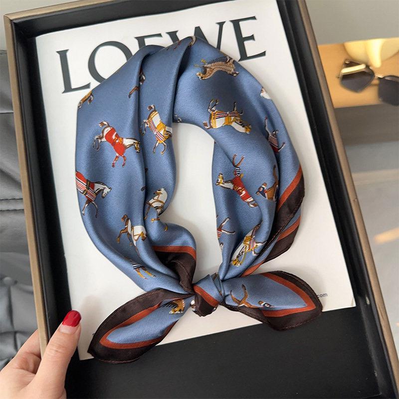 Pony Print Silk Scarf 21", 53cm 100% Mulberry Silk Neckerchief, Cute Horse Pattern Small Square Scarf for Women, Hair Head Handbag Scarf