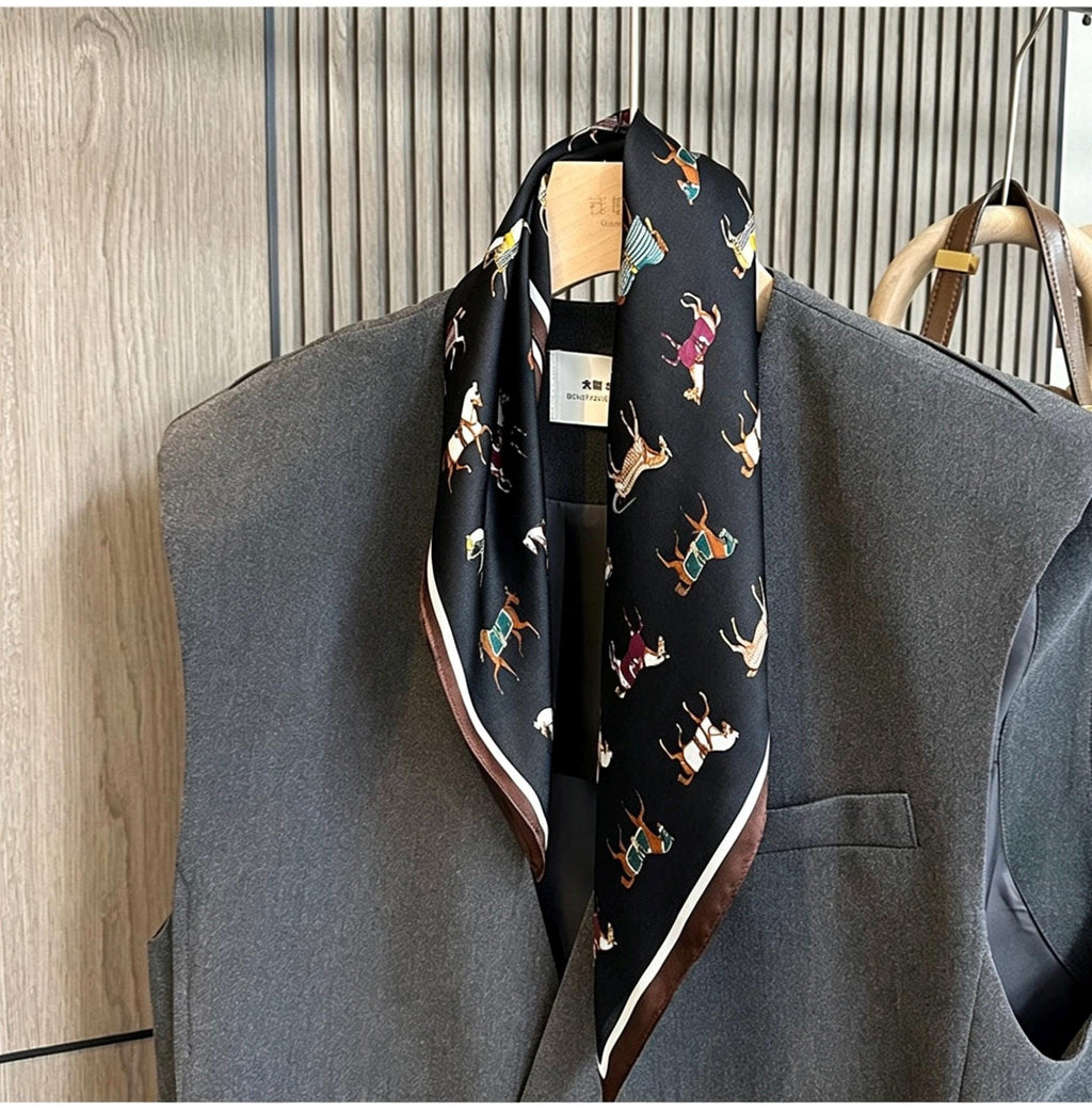 Pony Print Silk Scarf 21", 53cm 100% Mulberry Silk Neckerchief, Cute Horse Pattern Small Square Scarf for Women, Hair Head Handbag Scarf