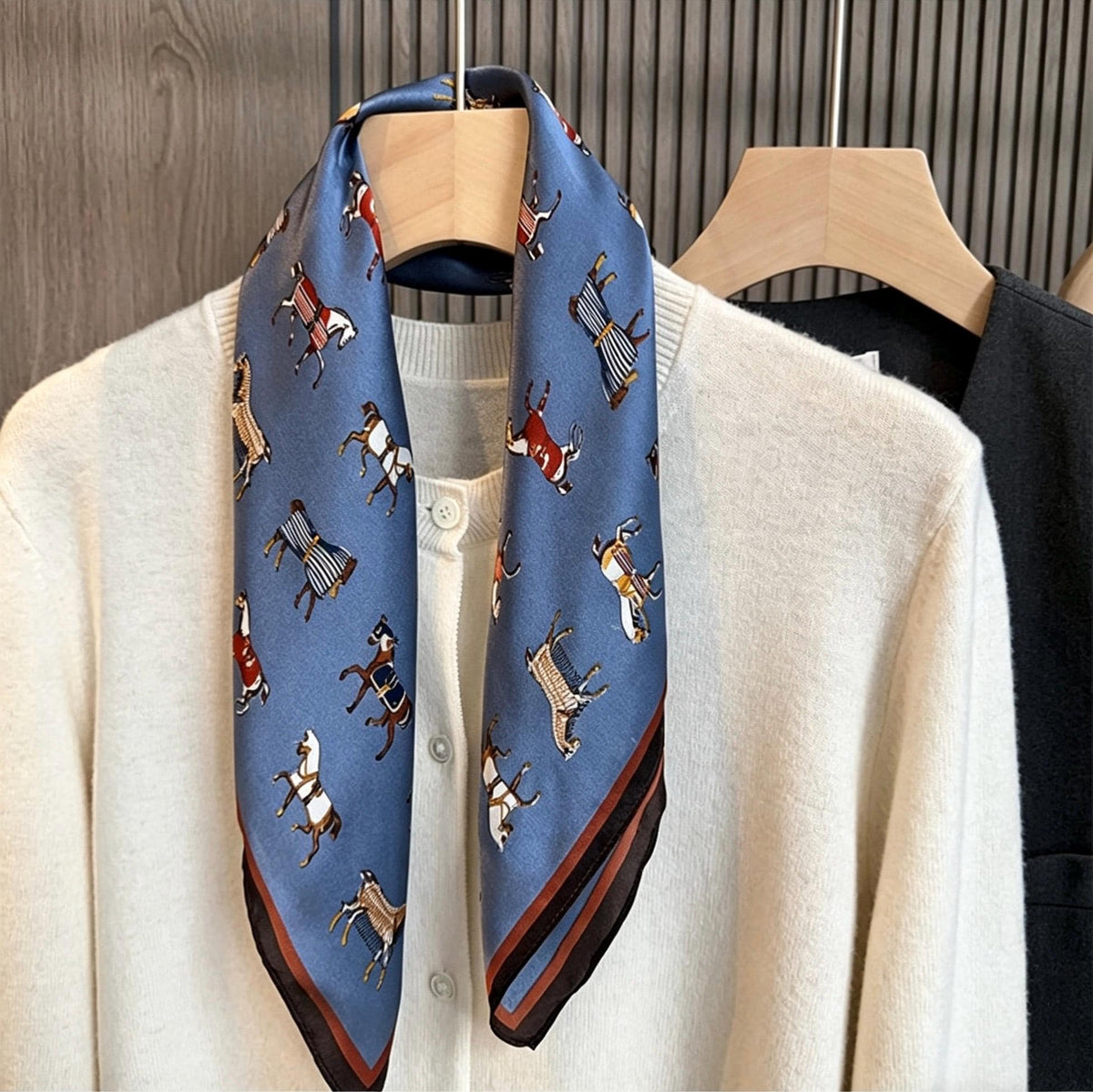 Pony Print Silk Scarf 21", 53cm 100% Mulberry Silk Neckerchief, Cute Horse Pattern Small Square Scarf for Women, Hair Head Handbag Scarf