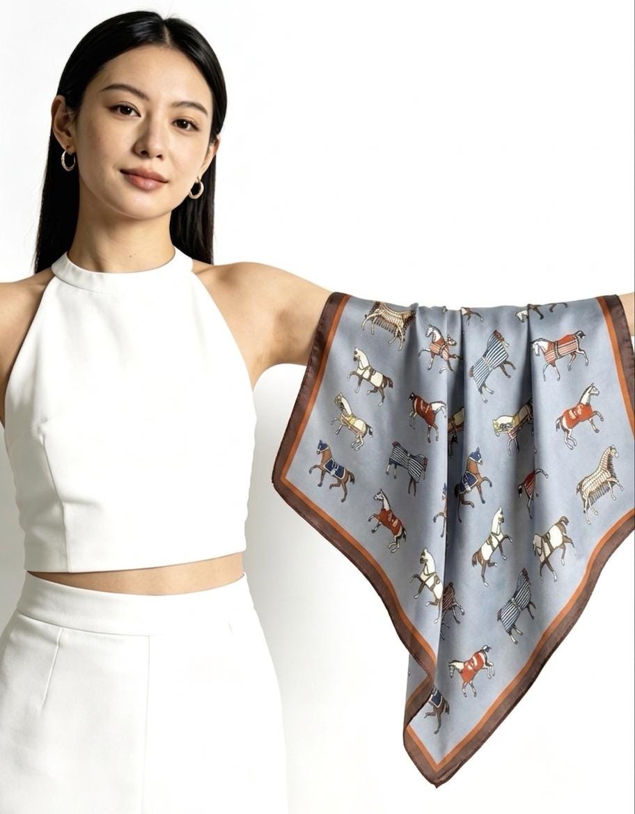 Pony Print Silk Scarf 21", 53cm 100% Mulberry Silk Neckerchief, Cute Horse Pattern Small Square Scarf for Women, Hair Head Handbag Scarf
