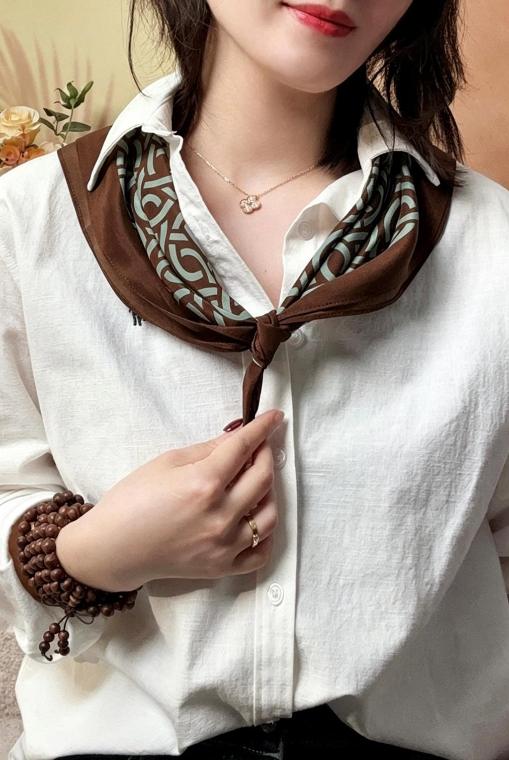 Vintage Silk Crepe de Chine Scarf, Brown & Green Mulberry Silk Square 26", Retro French Chic Neckerchief, Elegant Summer Silk Head Scarf
