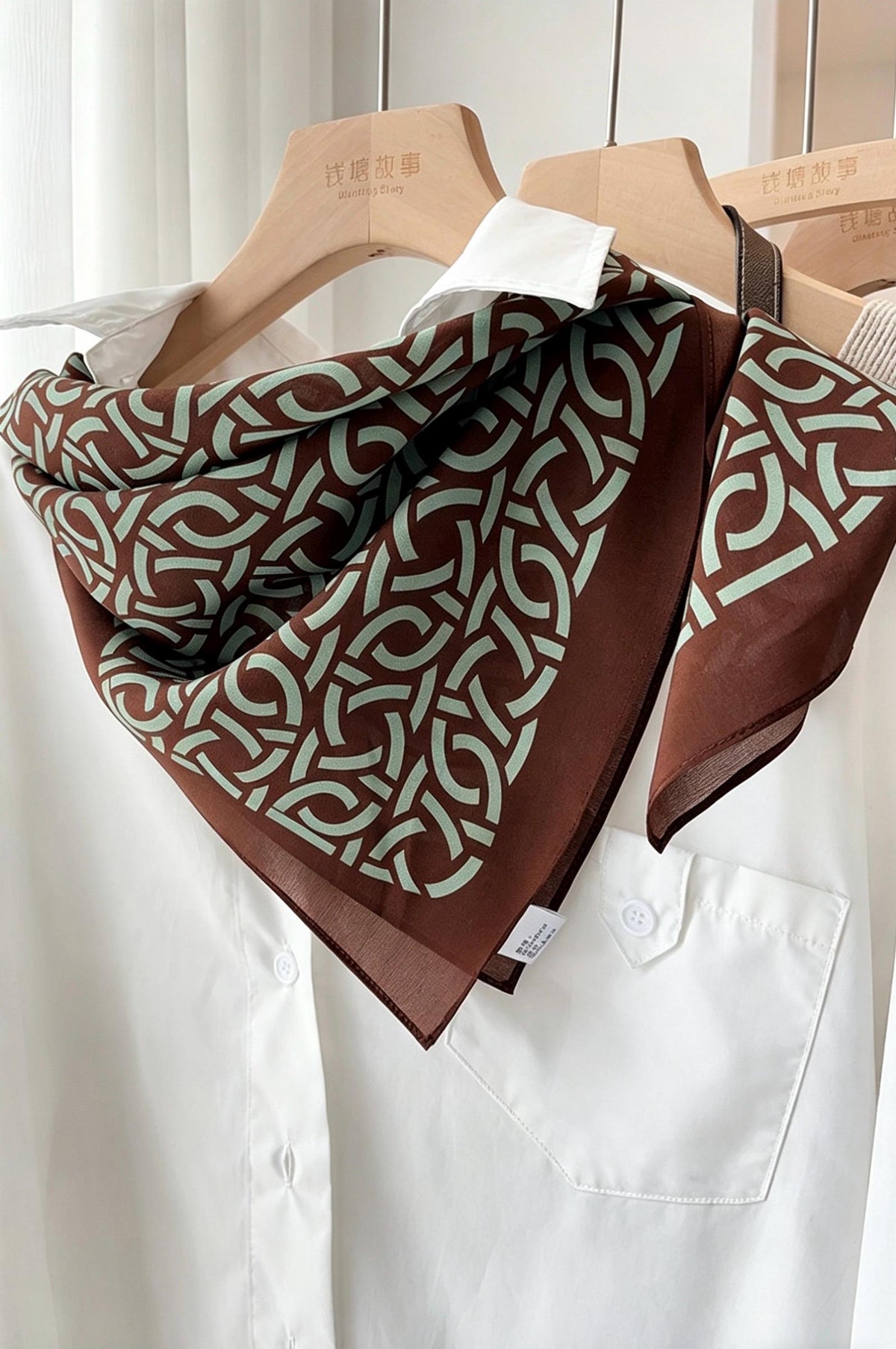 Vintage Silk Crepe de Chine Scarf, Brown & Green Mulberry Silk Square 26", Retro French Chic Neckerchief, Elegant Summer Silk Head Scarf