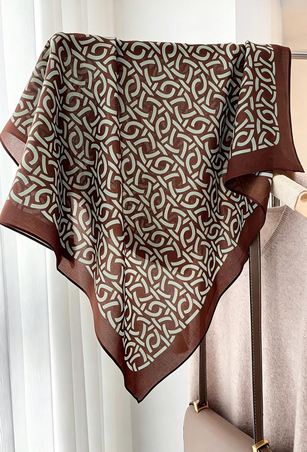 Vintage Silk Crepe de Chine Scarf, Brown & Green Mulberry Silk Square 26", Retro French Chic Neckerchief, Elegant Summer Silk Head Scarf