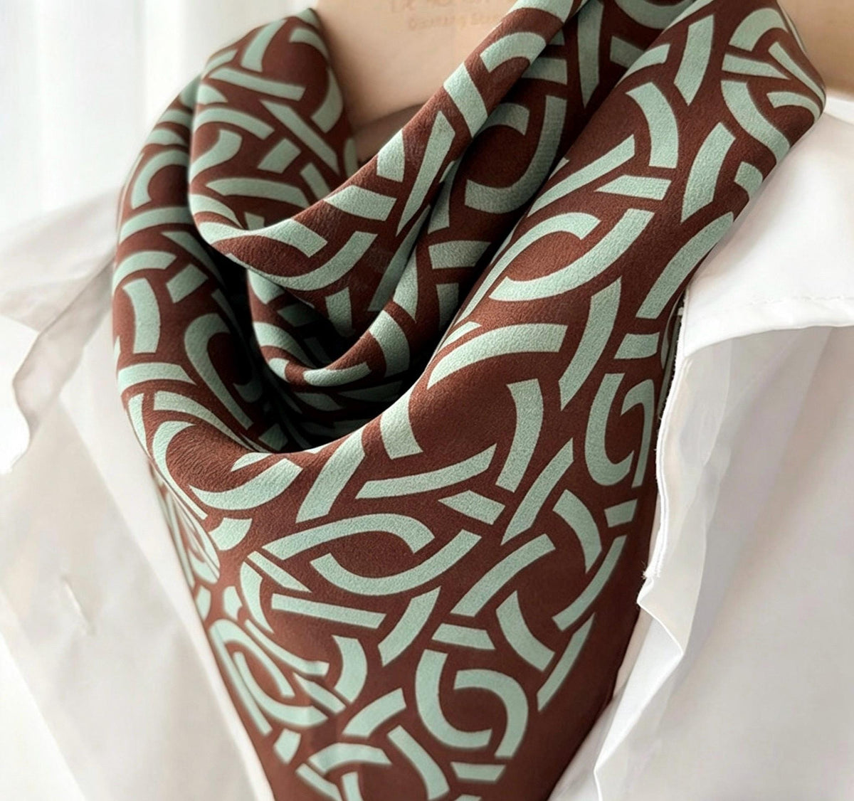 Vintage Silk Crepe de Chine Scarf, Brown & Green Mulberry Silk Square 26", Retro French Chic Neckerchief, Elegant Summer Silk Head Scarf