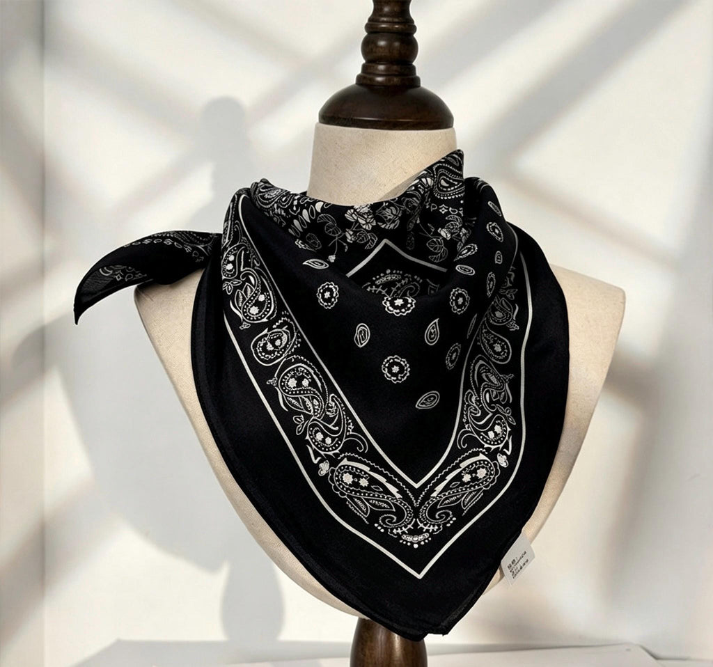 Vintage French Style Silk Scarf, Black & White Mulberry Silk Crepe de Chine Square 26", Elegant Classic Neckerchief, Retro Chic Head Scarf