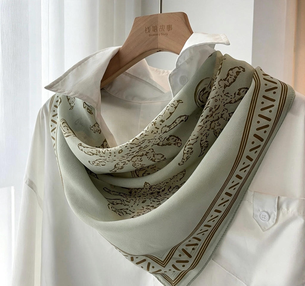 Rare Pea Green Silk Scarf 100% Mulberry Silk Crepe de Chine Square Scarf 25" Exotic Ethnic Style Lightweight Neck Scarf Luxury Gift for Her