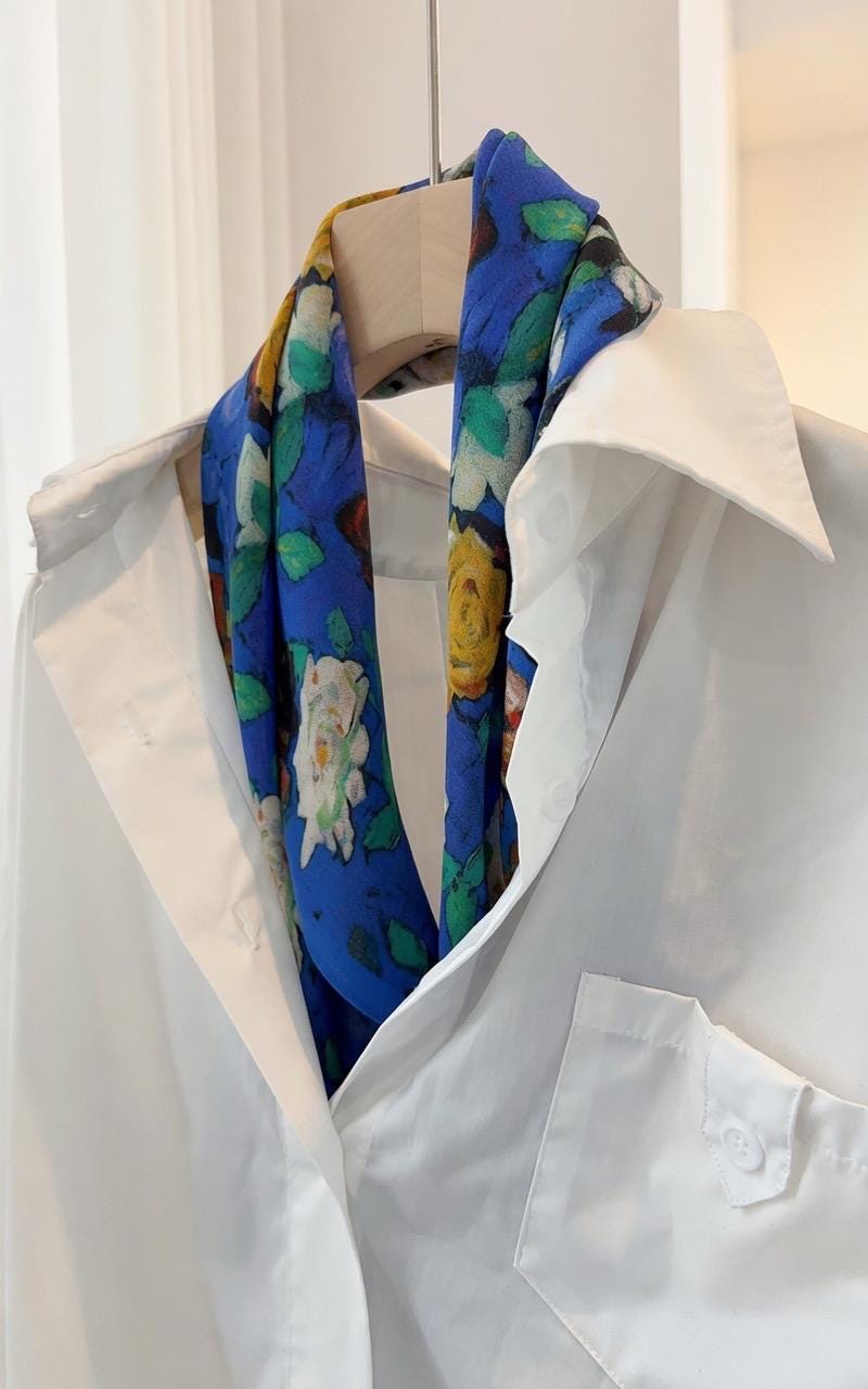Classic Oil Painting Silk Scarf 26x26 in French Vintage Crepe de Chine Square Wrap Luxury Blue Mulberry Silk Neckerchief Artistic Gift Her