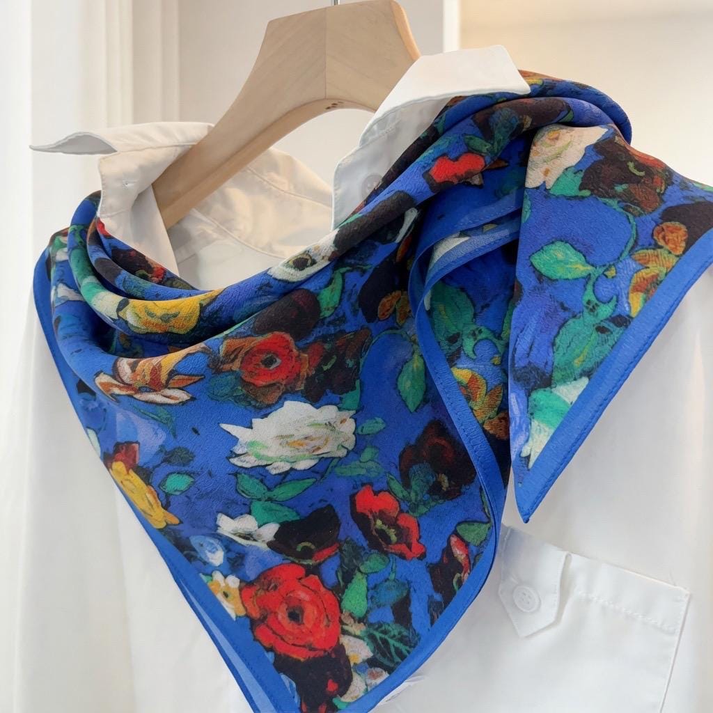 Classic Oil Painting Silk Scarf 26x26 in French Vintage Crepe de Chine Square Wrap Luxury Blue Mulberry Silk Neckerchief Artistic Gift Her