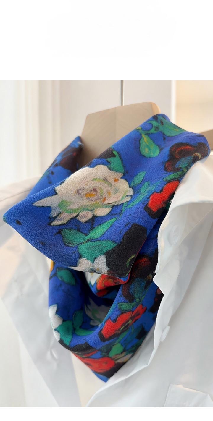 Classic Oil Painting Silk Scarf 26x26 in French Vintage Crepe de Chine Square Wrap Luxury Blue Mulberry Silk Neckerchief Artistic Gift Her