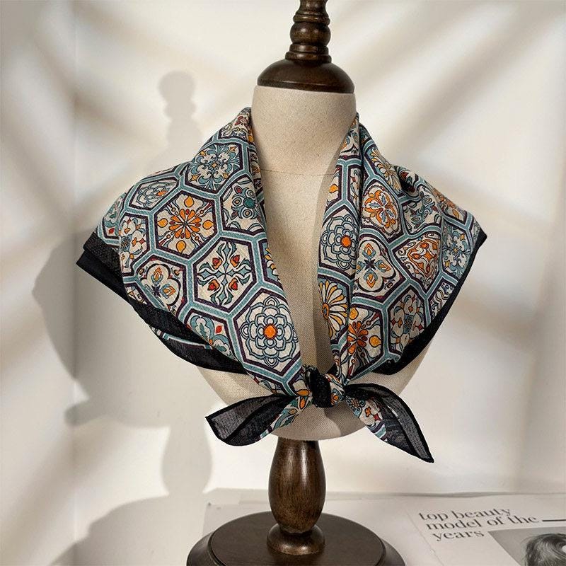Elegance Smoke Blue Silk Cotton Scarf 25in Square Women Summer Versatile Mulberry Silk Chic Neckerchief Multifunctional Bandana Gift Her