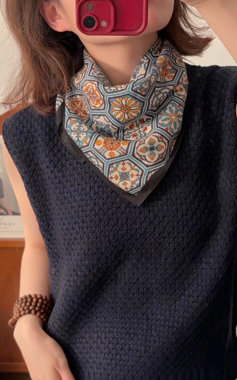Elegance Smoke Blue Silk Cotton Scarf 25in Square Women Summer Versatile Mulberry Silk Chic Neckerchief Multifunctional Bandana Gift Her