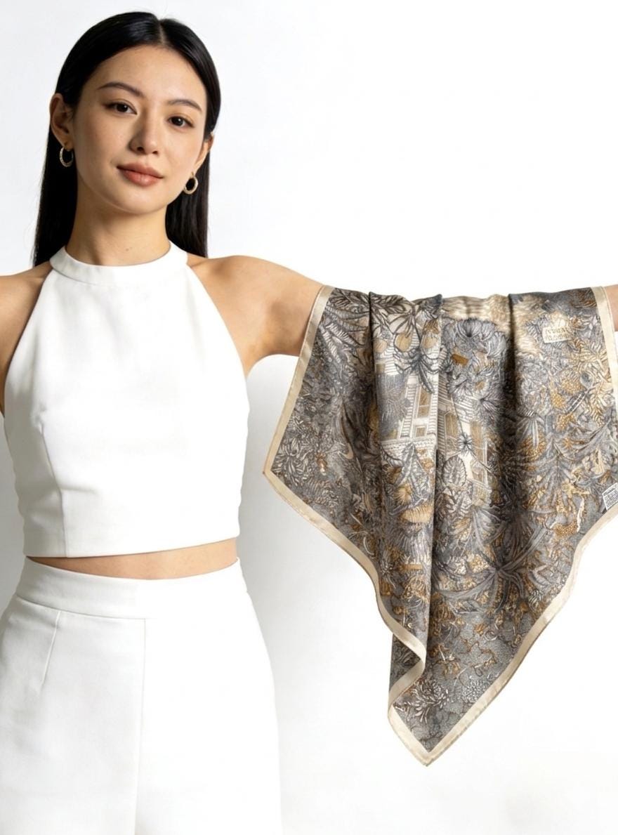 Elegant Beige Silk Wool Scarf, 33x33 in Luxury Double-Sided Square Shawl, Japanese Style Soft Pashmina, Versatile Wrap for Spring & Fall
