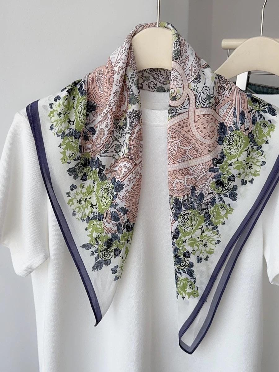 100% Mulberry Silk Scarf 26”x26” 65×65 cm | Elegant Paisley Floral Print | Luxury Silk Headscarf | Vintage Style Square Scarf | Gift for Her