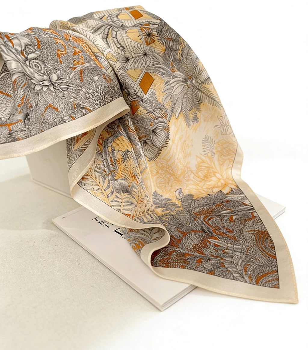 100% Mulberry Silk 26x26” 65×65 cm| Jungle Print Square Scarf | Headscarf Hair Wrap Neck Scarf Gift for her